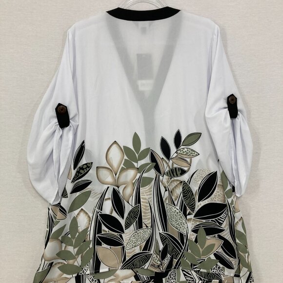 New Investments Large Black White Leaf Print V Neck Stretch Knit Button Up Tunic - Picture 10 of 11